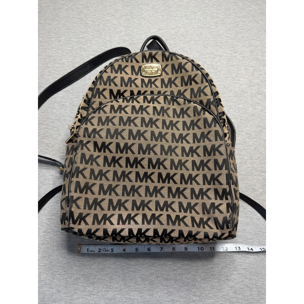 Michael Kors Abbey Medium Backpack Monogram Jacquard Beige Black Gold 35F7XAYB3J